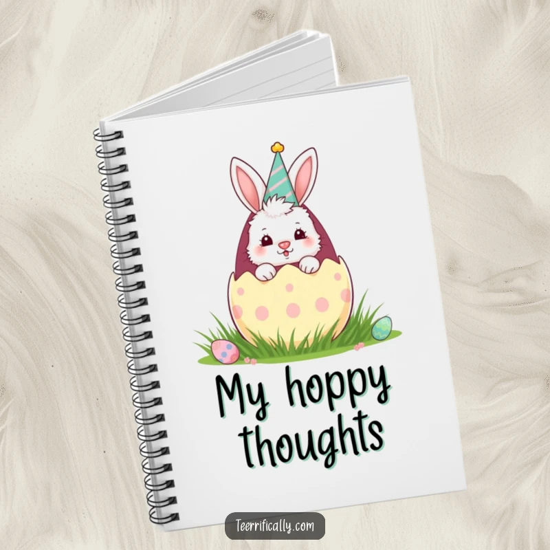 Funny notebook cover with a fluffy bunny peeking from an Easter egg, inspiring creative note-taking with a festive theme.