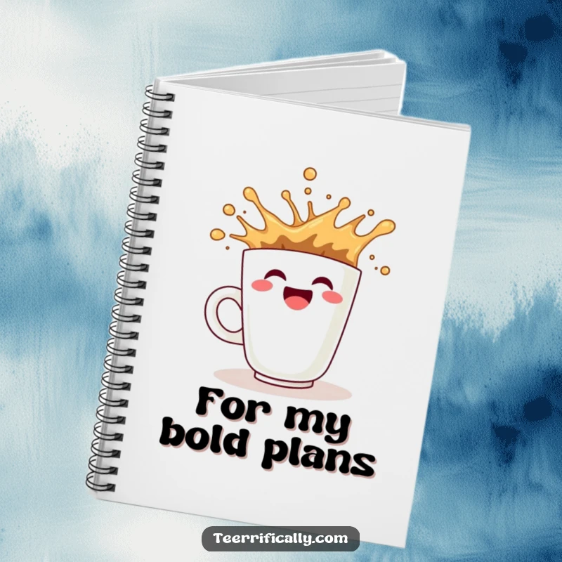 Funny coffee notebook with a smiling cup splashing enthusiastically, encouraging energetic note-taking.