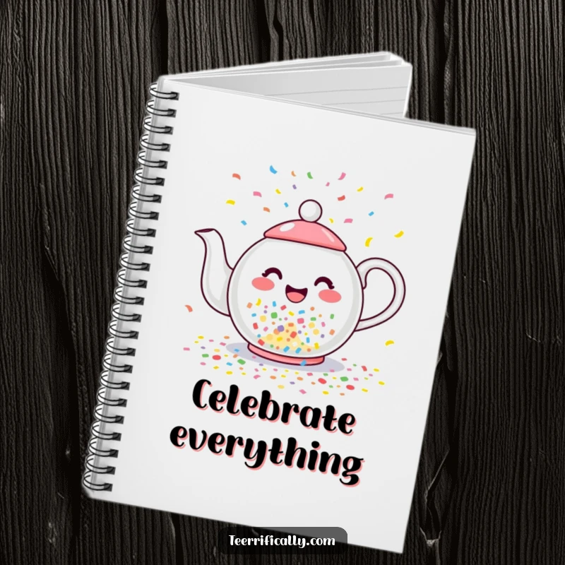 Funny notebook cover displaying a happy teapot joyfully pouring colorful confetti instead of tea, inspiring festive thoughts.
