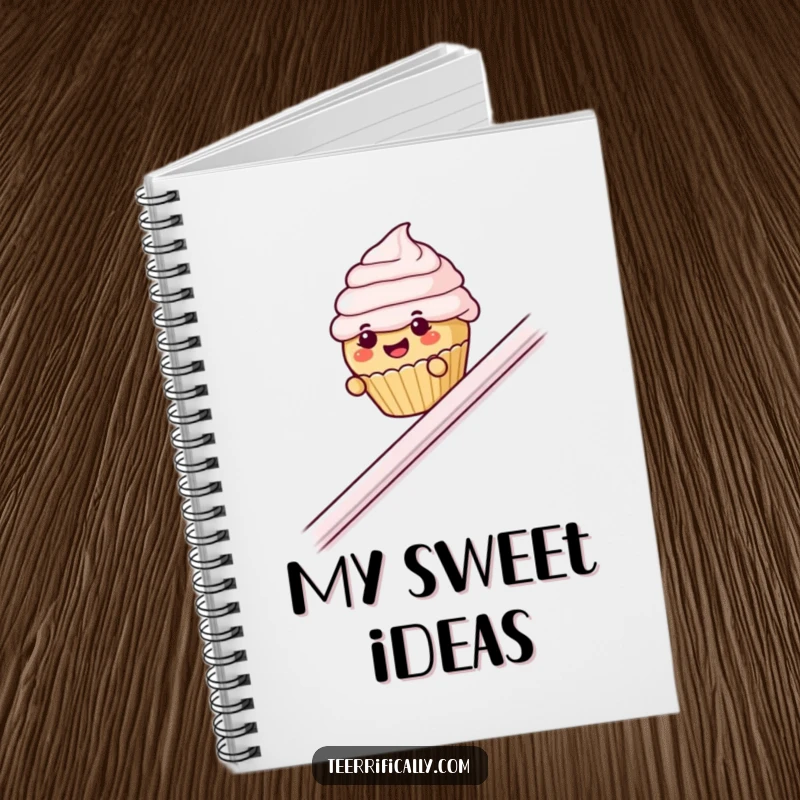 Funny cupcake banister notebook, journal for notes with a small, gleeful cupcake sliding down a railing.