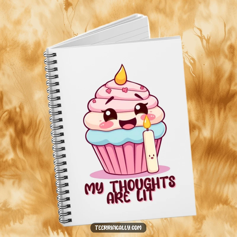 Funny notebook with a giggling cupcake attempting to eat its own candle, perfect for jotting notes with sweet, humorous birthday flair.