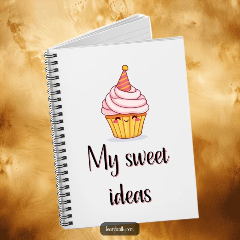 Funny Notebook featuring a proud cupcake character with a party hat and overflowing frosting, ideal for writing sweet ideas.
