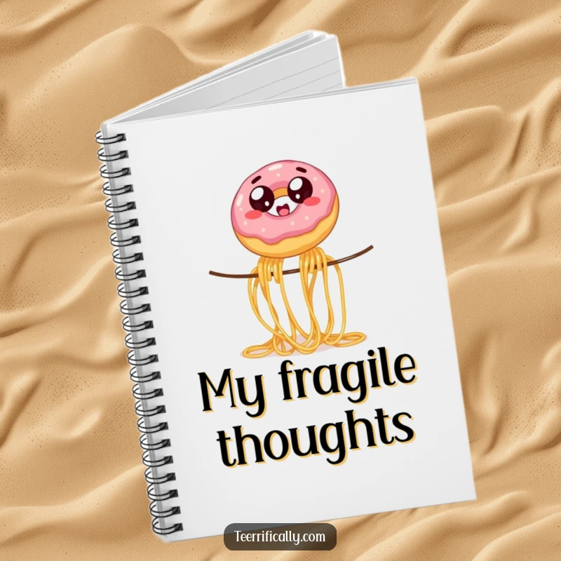 Funny wobbly jelly donut with wide eyes, balancing on spaghetti, on a notebook cover, inspiring humorous and whimsical note-taking.