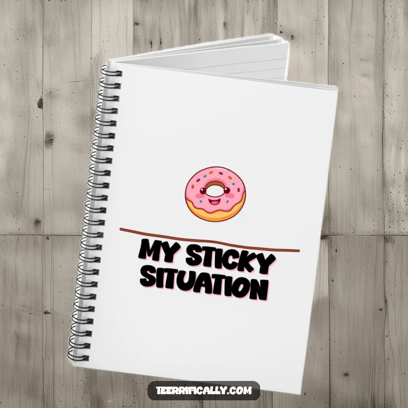 Funny donut notebook showing a happy donut performing a tightrope walk, perfect for note-taking with a delightful blend of humor and sweetness.