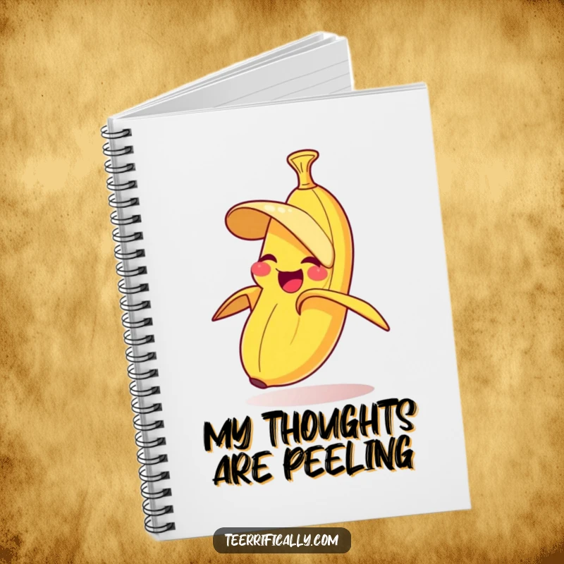 Funny notebook with a cover illustration of a banana joyfully peeling itself, ideal for note-taking and doodling.