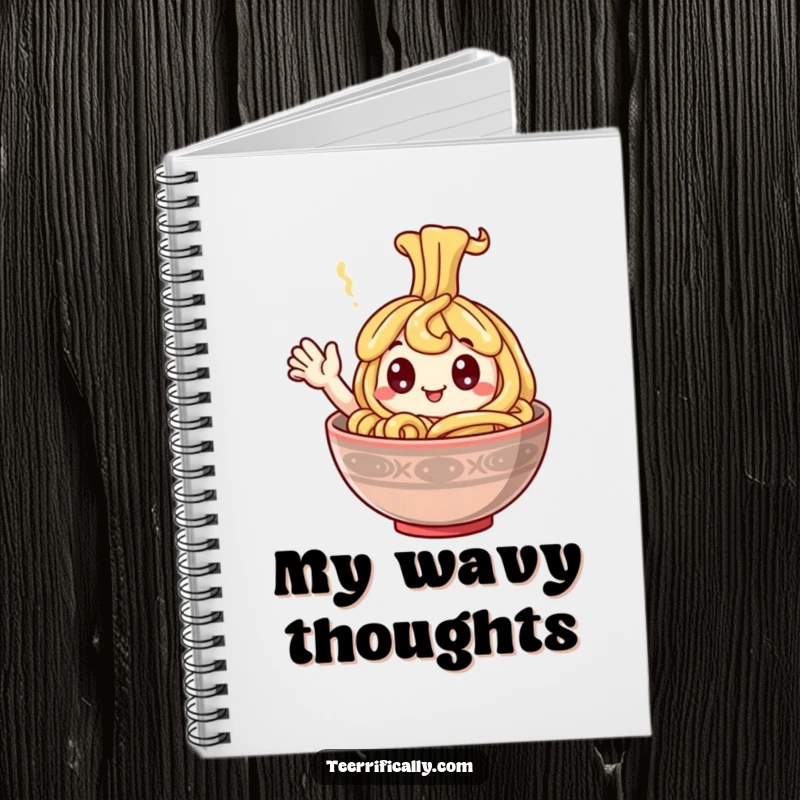 Funny Notebook cover with a happy noodle, googly eyes, and a waving hand, designed for jotting down cheerful thoughts.