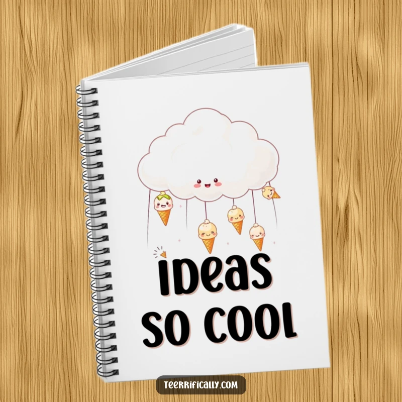 Funny notebook cover with a cheerful cloud raining tiny ice creams, great for journaling sweet thoughts.