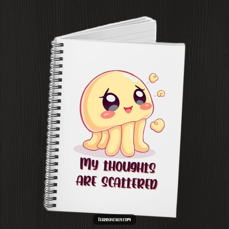 Funny notebook with a wobbly jelly eagerly trying to catch a flying popcorn kernel, perfect for jotting notes with humorous flair.