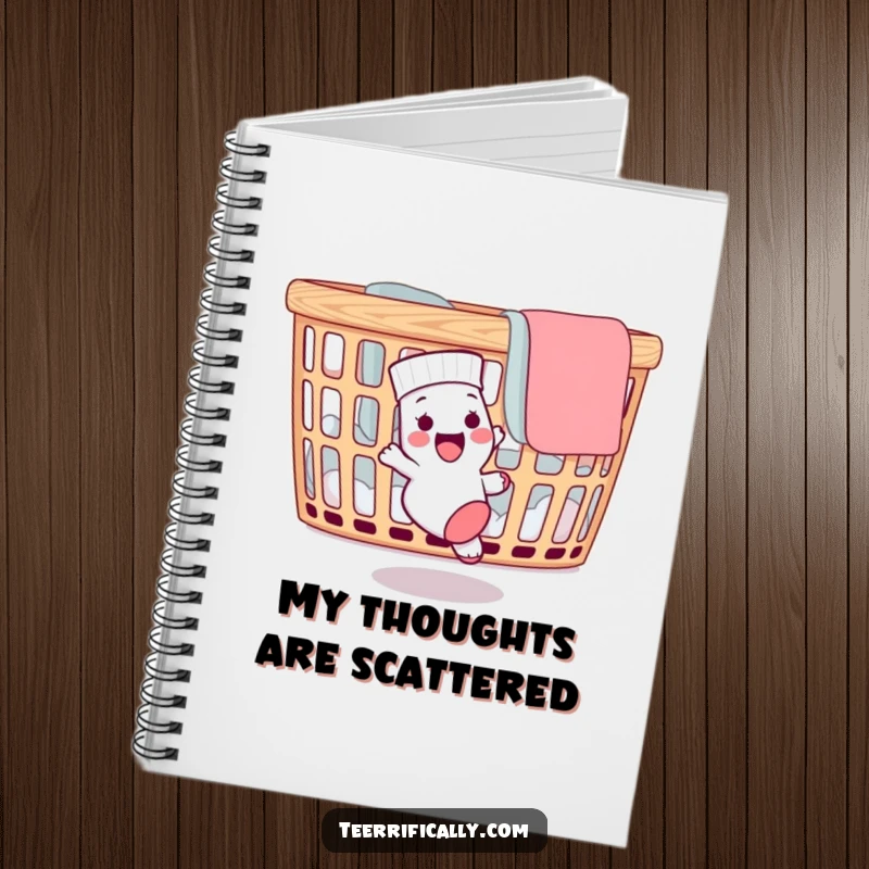 Funny notebook cover featuring a delighted sock chasing its mate around a laundry basket, ideal for humorous note-taking and lists.