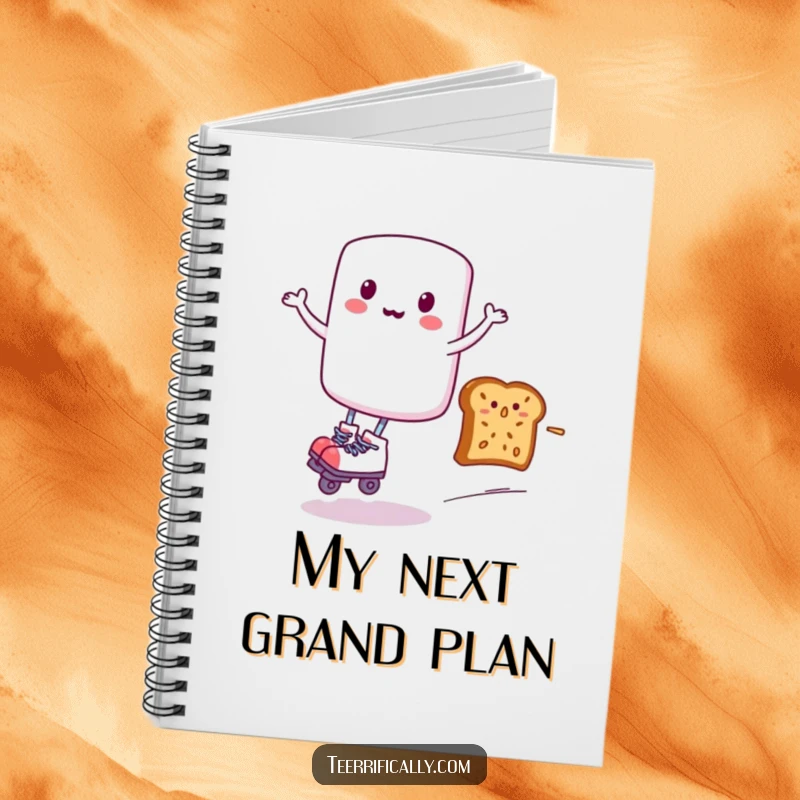 Funny notebook cover featuring a marshmallow on roller skates, speeding past a startled toast, a whimsical design for capturing funny notes.