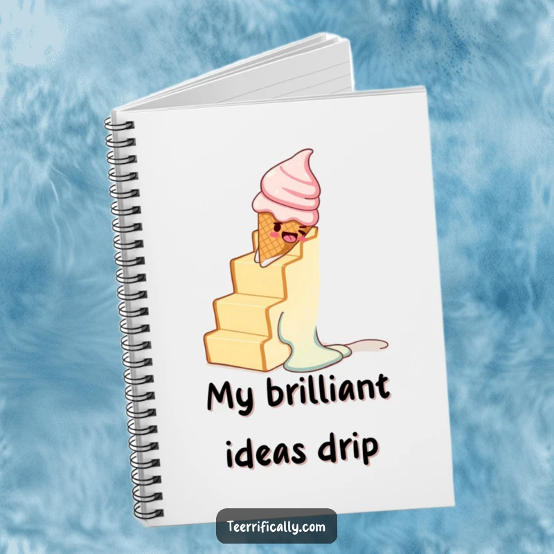 Funny notebook cover featuring a melting ice cream cone comically sliding down a staircase made of toast.