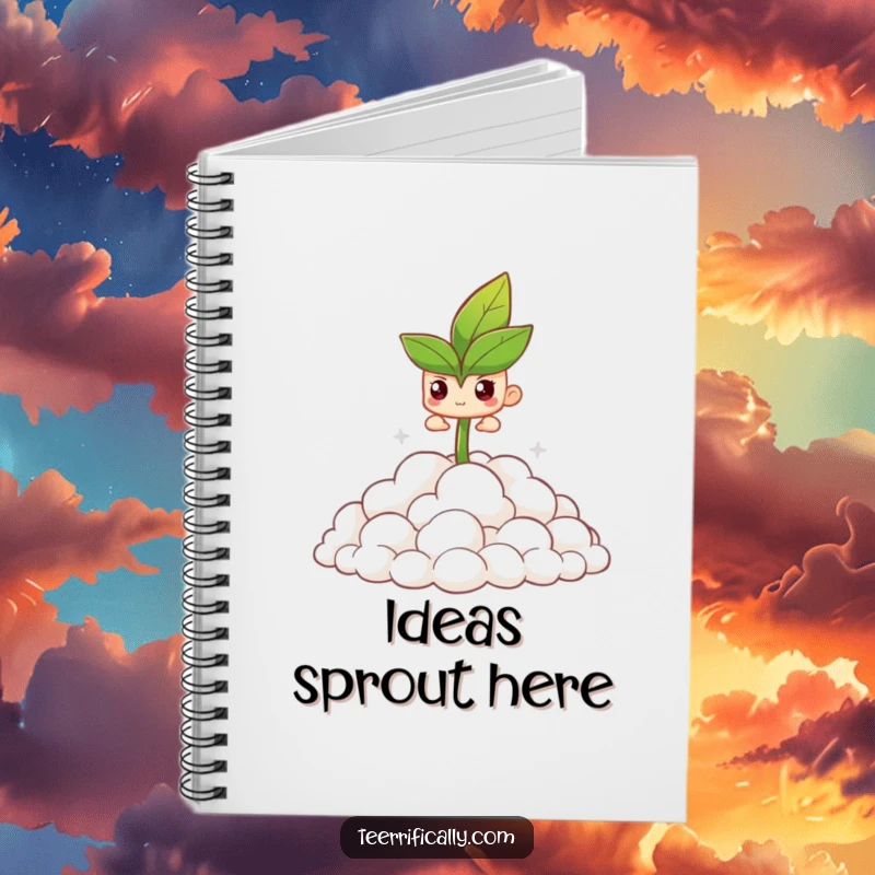 Funny notebook cover with a determined sprout pushing through clouds, ideal for journaling and planning.