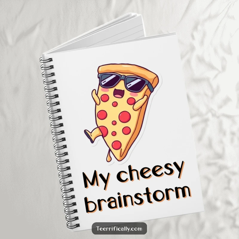 Funny pizza slice wearing sunglasses doing a somersault, notebook cover for a funny gift.