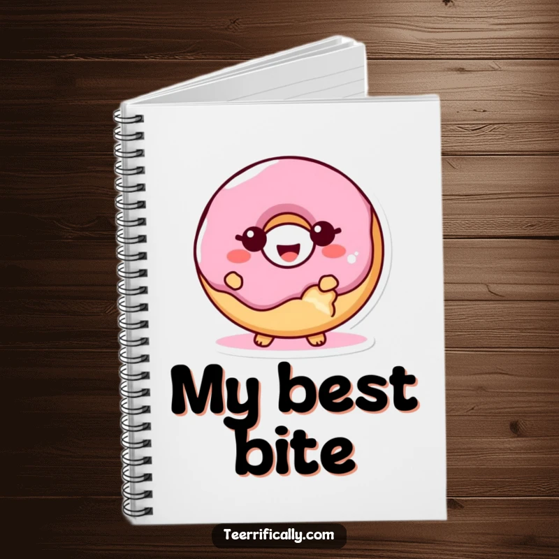 Funny proud donut notebook, a giggling donut with a bite missing, looking smug and happy, perfect for capturing funny thoughts.