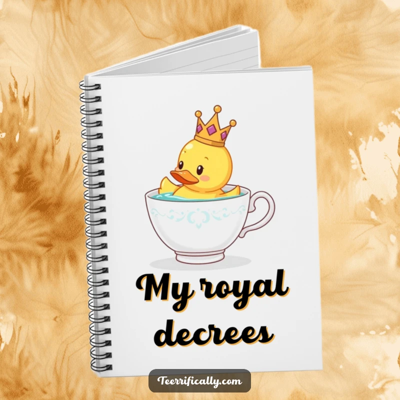 Funny rubber duck wearing a tiny crown floating in a teacup, notebook cover for a funny gift.
