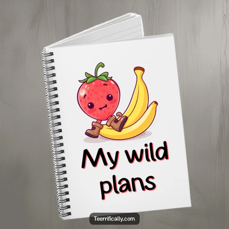 Funny strawberry wearing tiny boots, slipping on a banana peel, on a notebook for ideas.