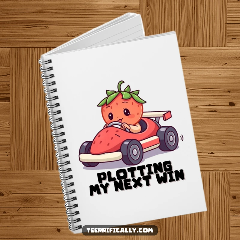 Funny notebook cover featuring a determined strawberry driving a tiny race car made from a berry, ideal for humorous note-taking.