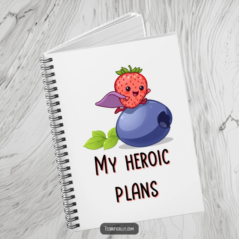 Funny strawberry superhero notebook, a happy strawberry in a cape leaping over a blueberry, perfect for writing, humorous stationery.