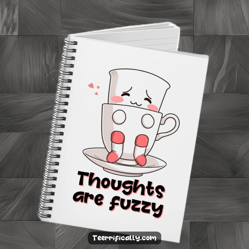 Funny notebook with a confused teacup wearing socks, attempting to float, perfect for capturing whimsical thoughts and ideas.