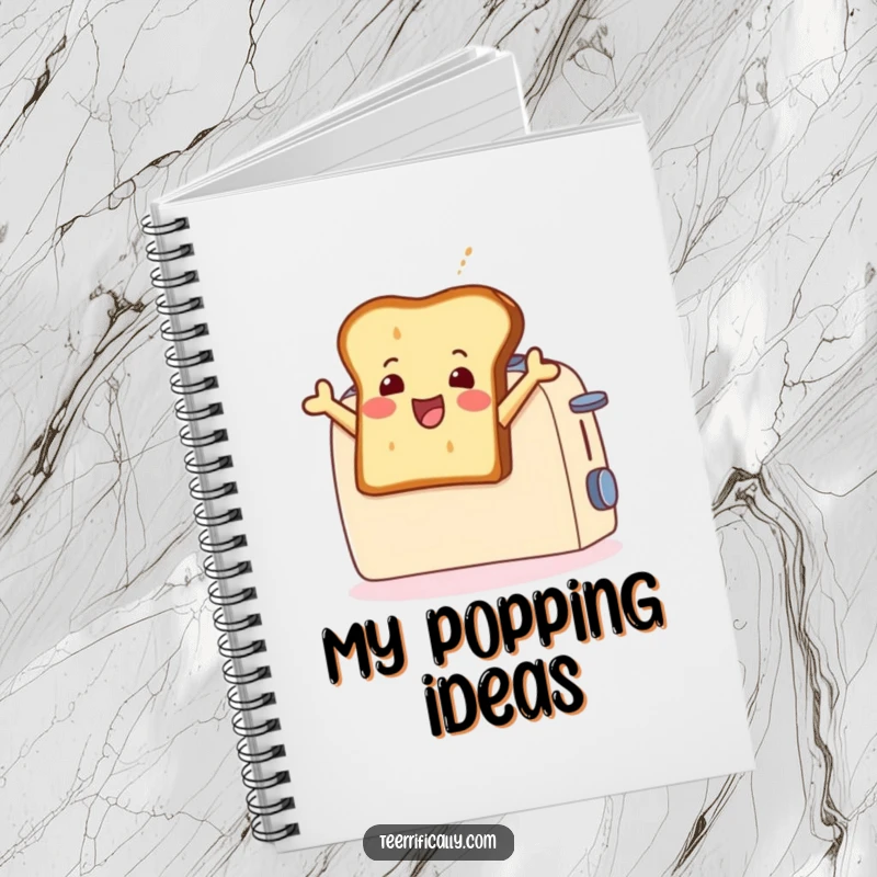 Funny notebook design featuring a joyful toast slice leaping from a toaster, ideal for capturing thoughts with a burst of breakfast humor.