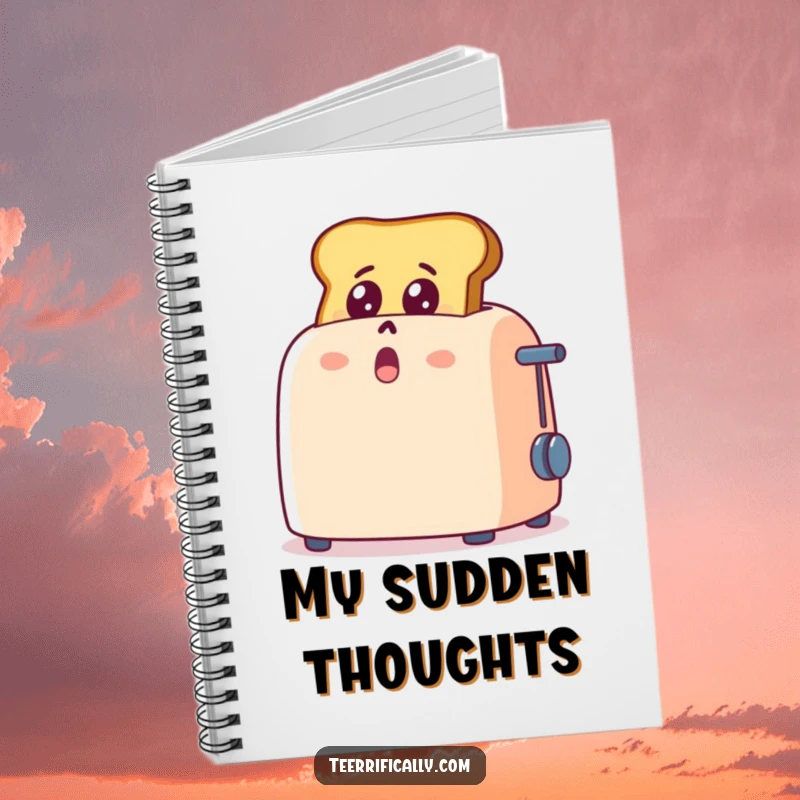 Funny cartoon toast popping out of a toaster, wide-eyed with shock and delight, ruled notebook for notes, humorous stationery.