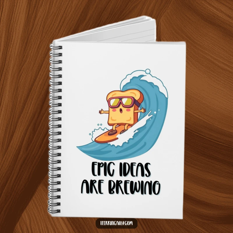 Funny toast with goggles, surfing a marmalade wave, on a notebook cover, inspiring humorous and adventurous note-taking.