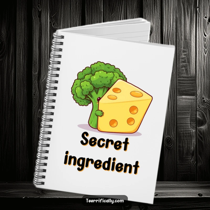 Funny notebook cover displaying a shy broccoli floret humorously hiding behind a giant, grinning cheese slice, inspiring humorous food thoughts.