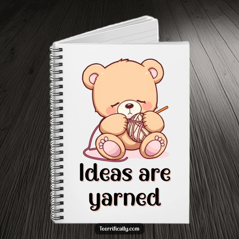 Funny sleepy teddy bear notebook showing a drowsy bear attempting to knit, perfect for note-taking with a blend of cozy humor and adorable charm.