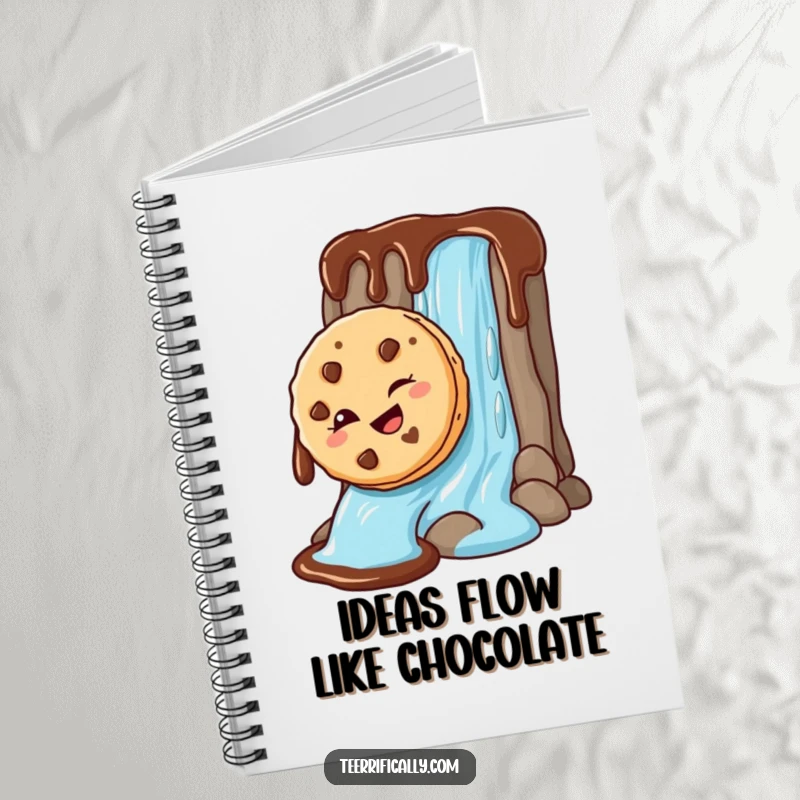 Funny Notebook with a mischievous cookie sliding down a chocolate waterfall, ideal for jotting notes with a side of sweet humor.