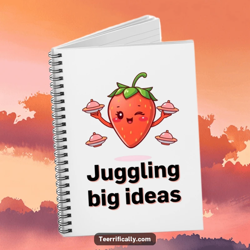Funny winking strawberry juggling small flying saucers on a notebook cover, perfect for cosmic humor and note-taking.