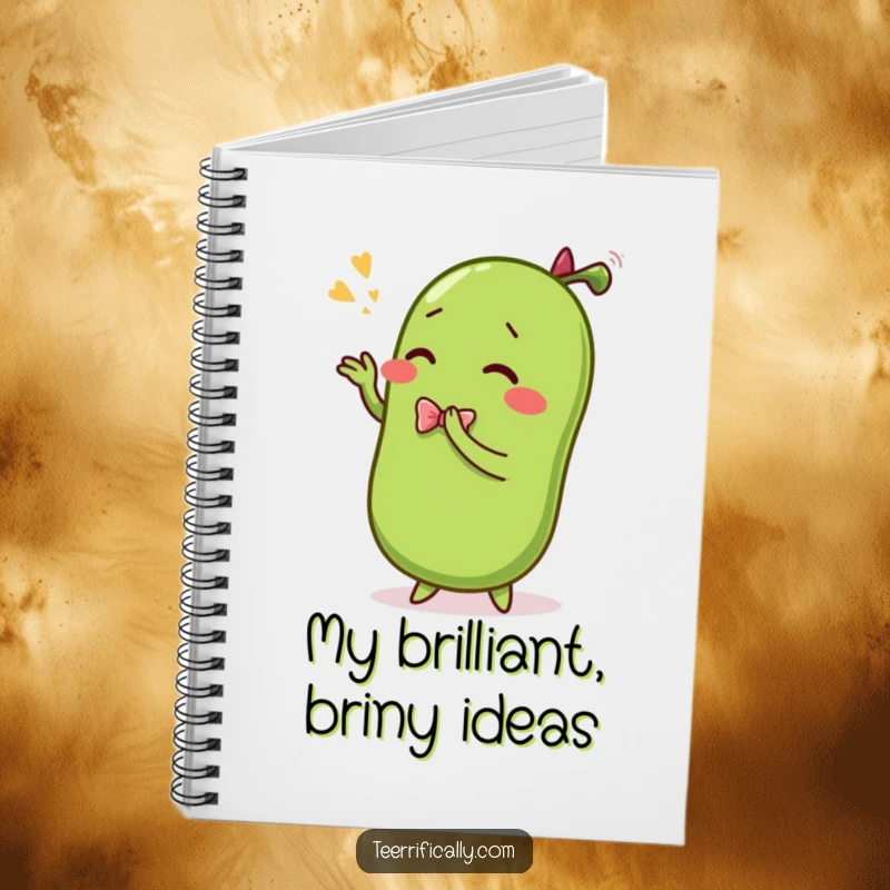 Funny notebook cover with a sentient pickle dramatically bowing, designed for comedic note-taking and creative thoughts.