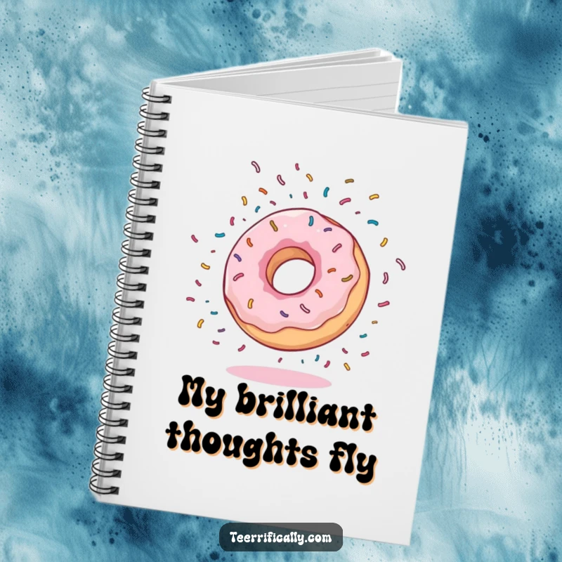 Funny Notebook with a bouncy donut doing a somersault with sprinkles flying, ideal for jotting notes with a cheerful and energetic flair.