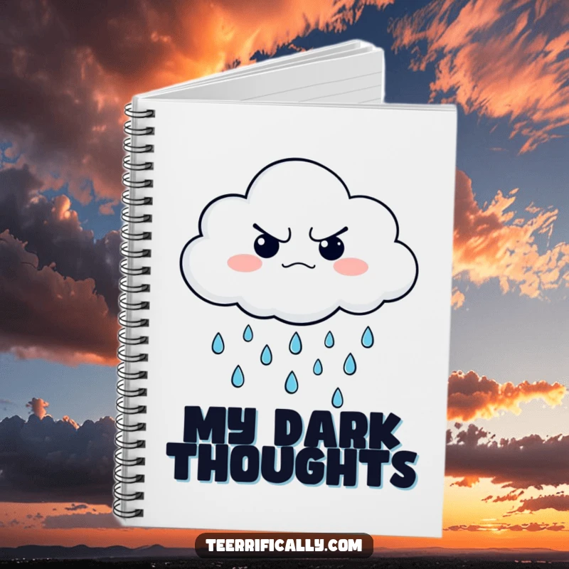 Funny notebook featuring a grumpy cloud character raining happy little raindrops, ideal for capturing thoughts and ideas.