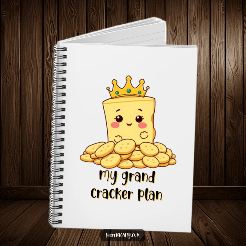 Funny notebook cover featuring a proud slice of cheese wearing a tiny crown, surveying crackers.