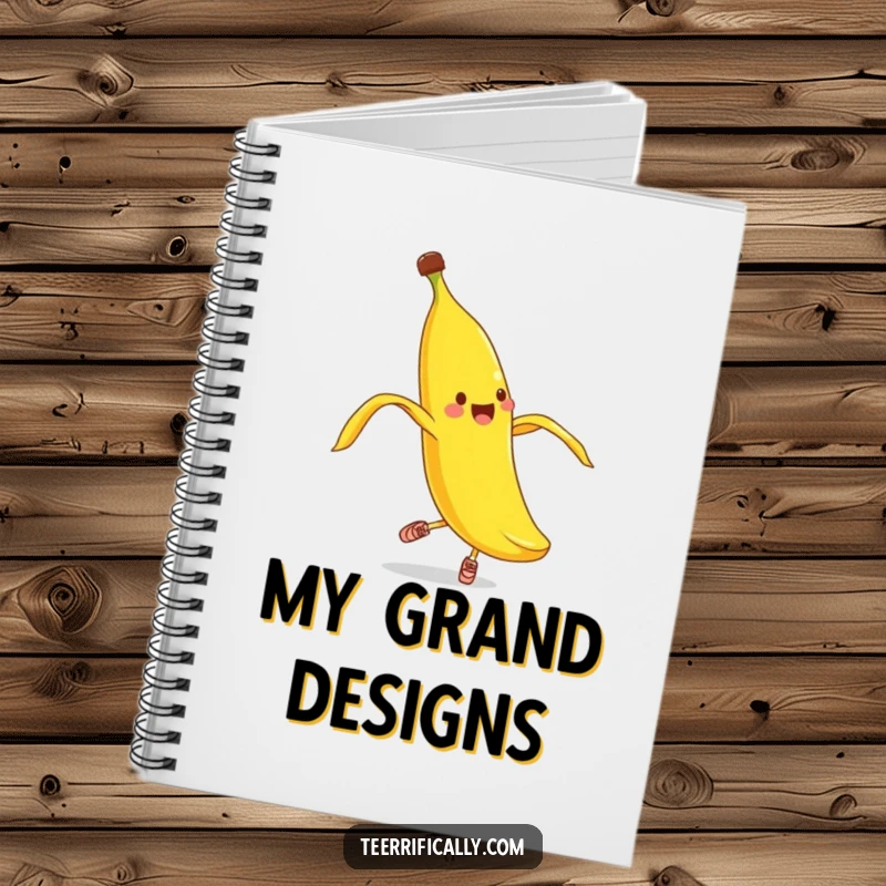 Funny banana peel pirouette notebook, journal for notes with a cheerful banana peel in shoes attempting ballet.