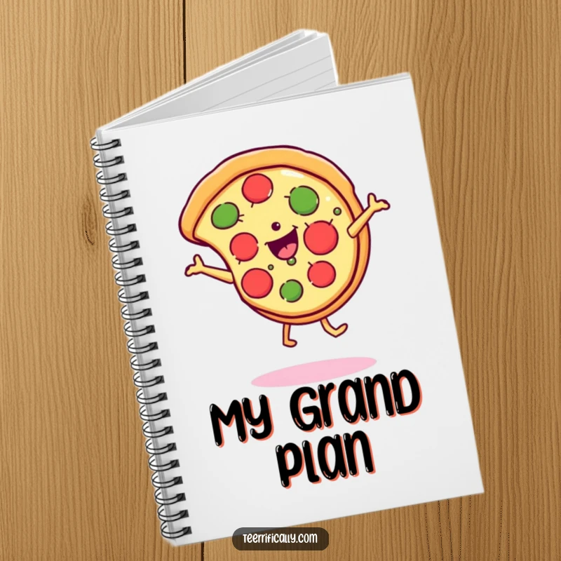 Funny Notebook cover with a pizza slice doing a cartwheel, smiling cheesily, perfect for noting down humorous thoughts.