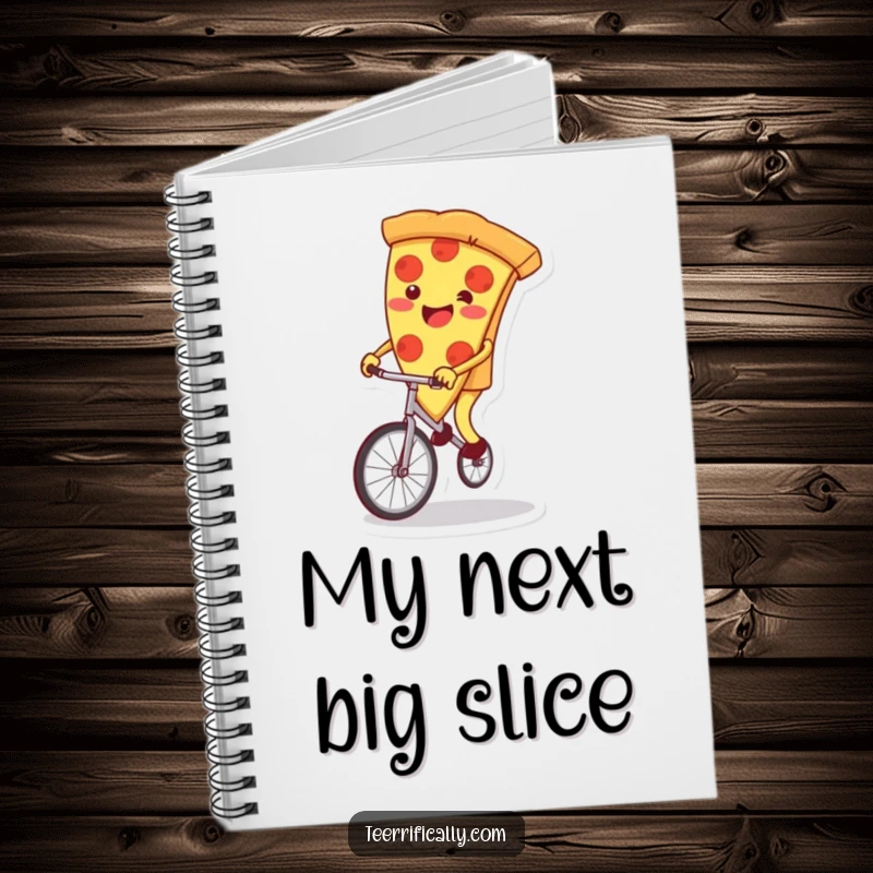 Funny pizza slice notebook cover, wobbling on a unicycle, inspiring creative thoughts and laughter. Ideal for students.