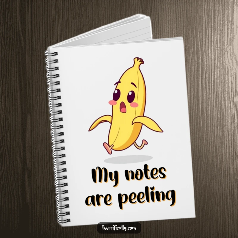 Funny surprised banana character with legs running away from its peel on a notebook cover, for humorous note-taking.