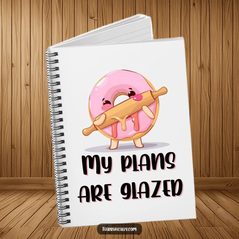 Funny notebook with a clumsy donut hugging a rolling pin, perfect for jotting down ideas with a sticky, humorous baking theme.