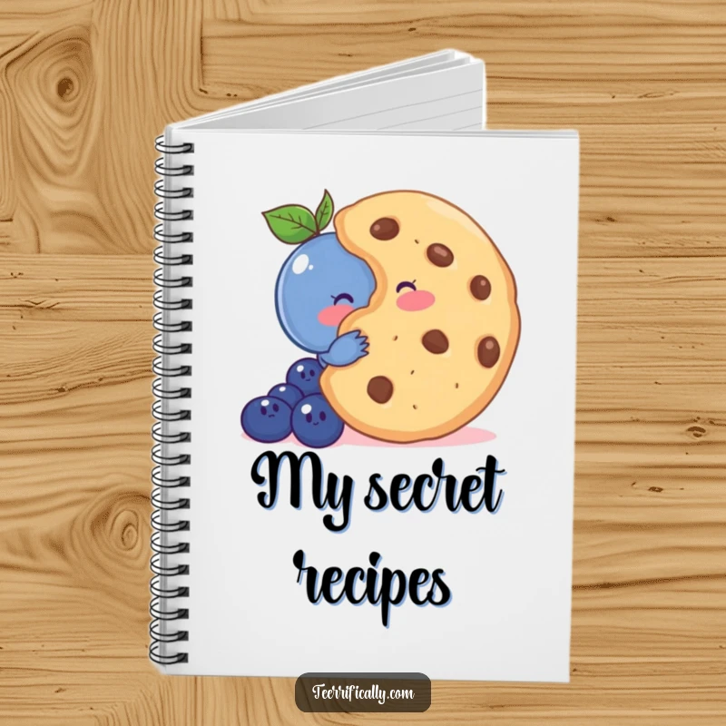 Funny notebook cover with a shy blueberry blushing behind a cookie, designed for jotting down sweet thoughts.