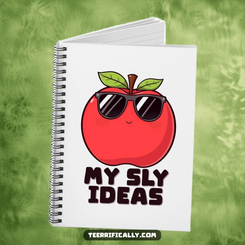Funny apple notebook with a plump red apple in sunglasses winking slyly, encouraging cool and sly note-taking.