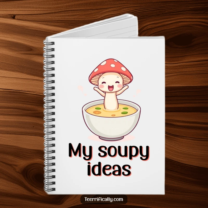Funny mushroom soup notebook, wearing a hat and jumping into soup, ideal for jotting down notes with joy.