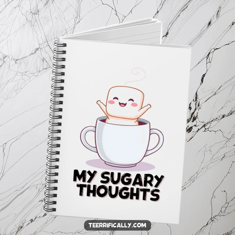 Funny notebook cover with a fluffy marshmallow jumping from a mug, designed for jotting down happy thoughts.