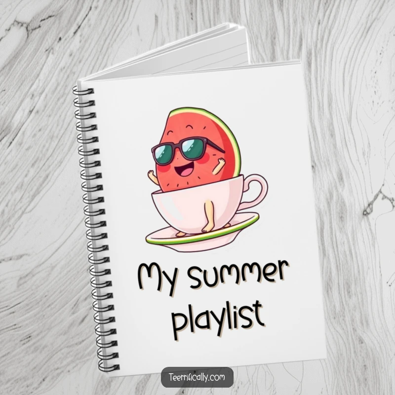 Funny watermelon slice notebook cover, wearing sunglasses, surfing a teacup, inspiring creative and fun notes. Summer-themed accessory.