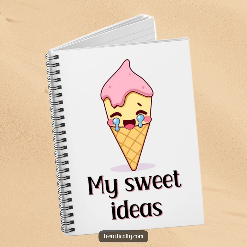 Funny melting ice cream cone crying a large tear of joy, ruled notebook for notes, humorous stationery, sweet thoughts.
