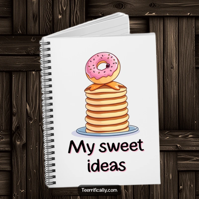 Funny donut pancake notebook, a curious donut balancing precariously on pancakes, perfect for writing, humorous stationery.
