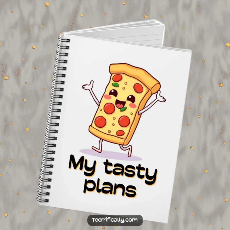 Funny happy pizza slice dancing with pepperoni feet, ruled notebook for notes, humorous stationery, foodie thoughts.