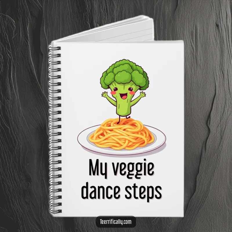 Funny notebook cover featuring a bouncing broccoli floret happily dancing on a plate of spaghetti.