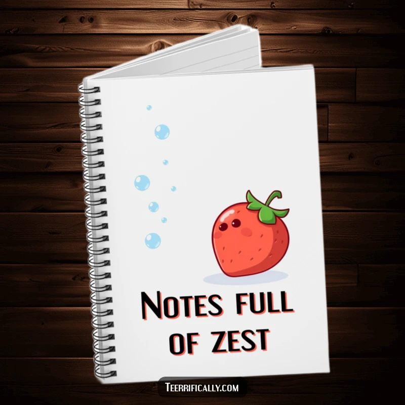Funny notebook cover with a cheerful strawberry juggling droplets, ideal for recipes and notes.
