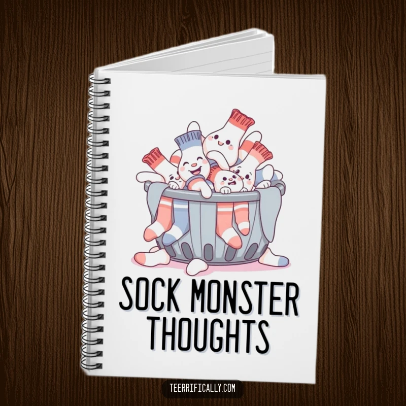 Funny notebook cover displaying a giggling pile of socks humorously attempting to escape a laundry basket, inspiring thoughts of freedom.